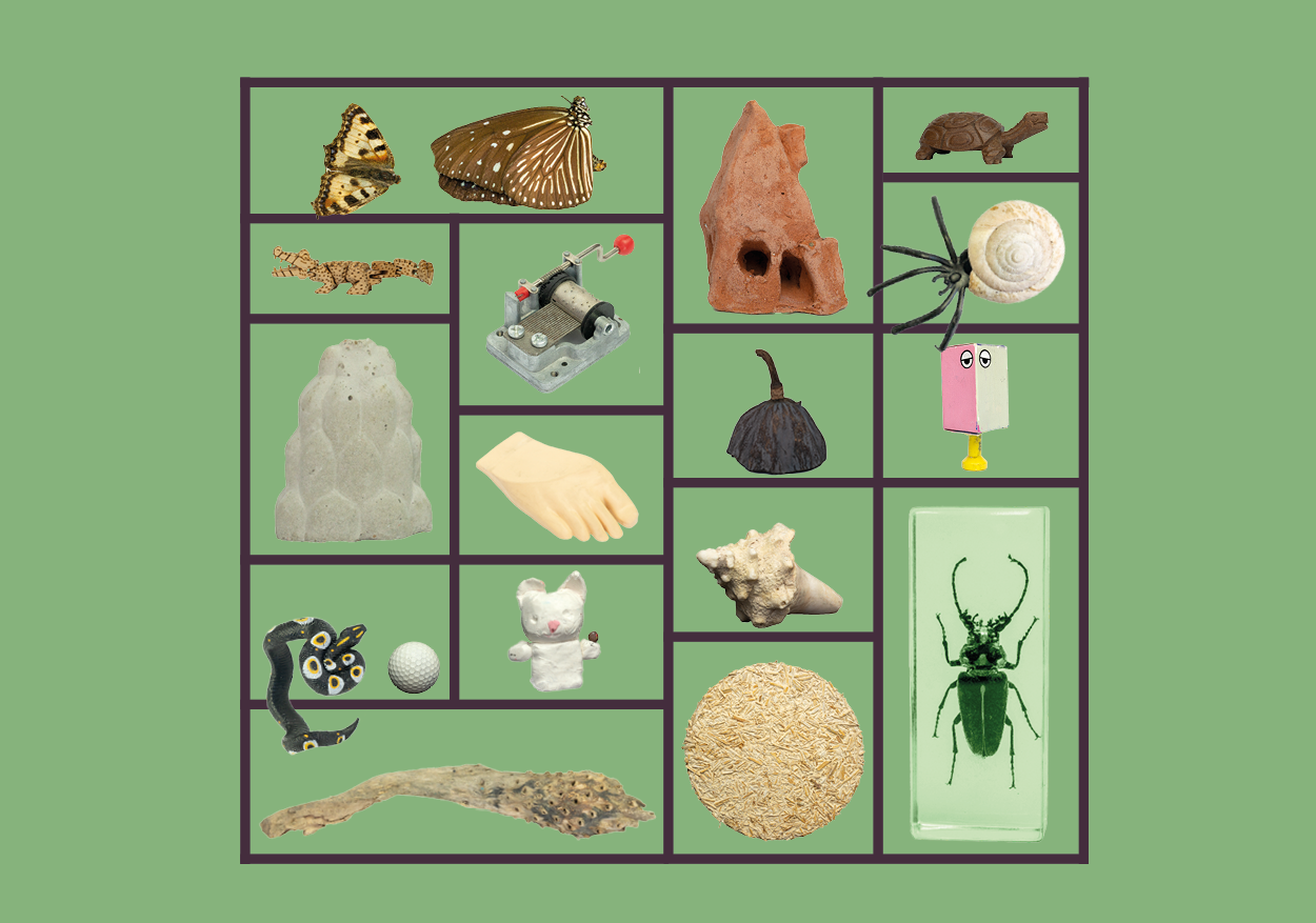 Plakatsujet, Sammelsurium von Gegenständen, Figuren und Pflanzen