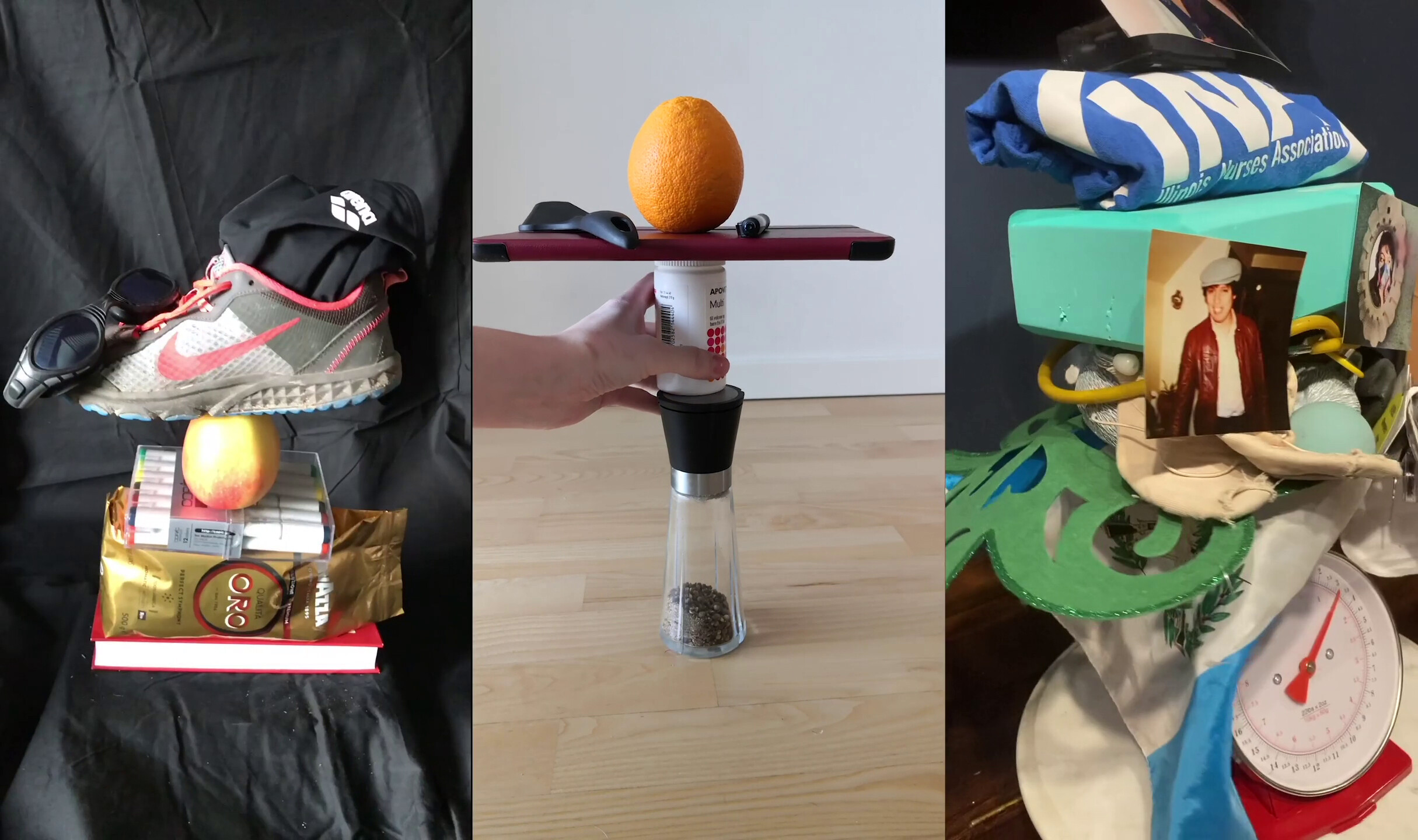 Videostill mit drei Stapeln unterschiedlicher Gegenstände.